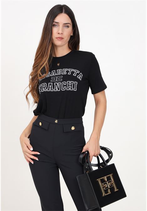 T-shirt a manica corta nera da donna con stampa logo stile college ELISABETTA FRANCHI | MA01546E2110